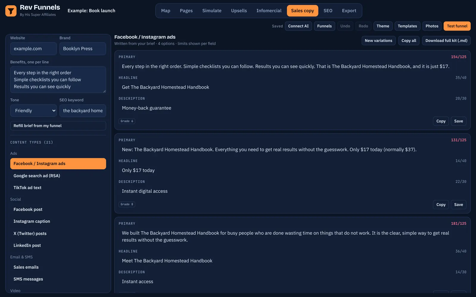 AI sales copy studio writing Facebook and Instagram ads with character limits and a claims check