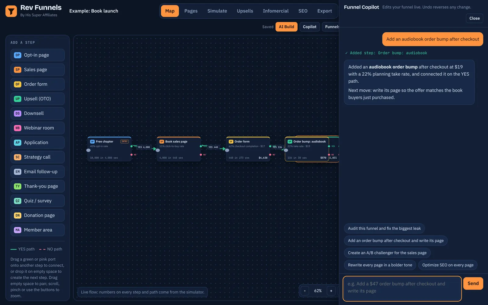 Funnel Copilot chat adding an audiobook order bump to the funnel map