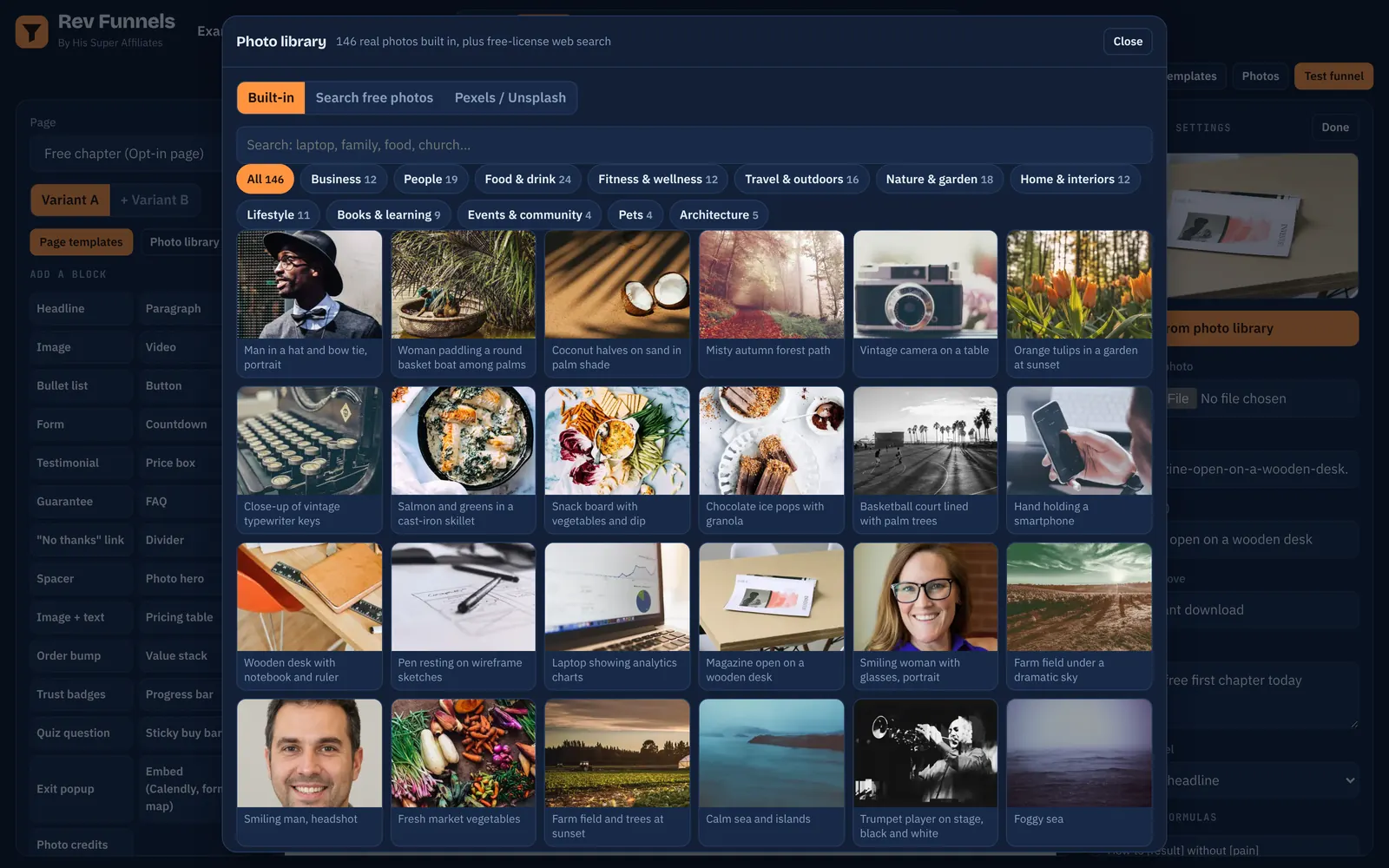 Photo library with 146 real photos sorted into categories such as food, fitness, people and business