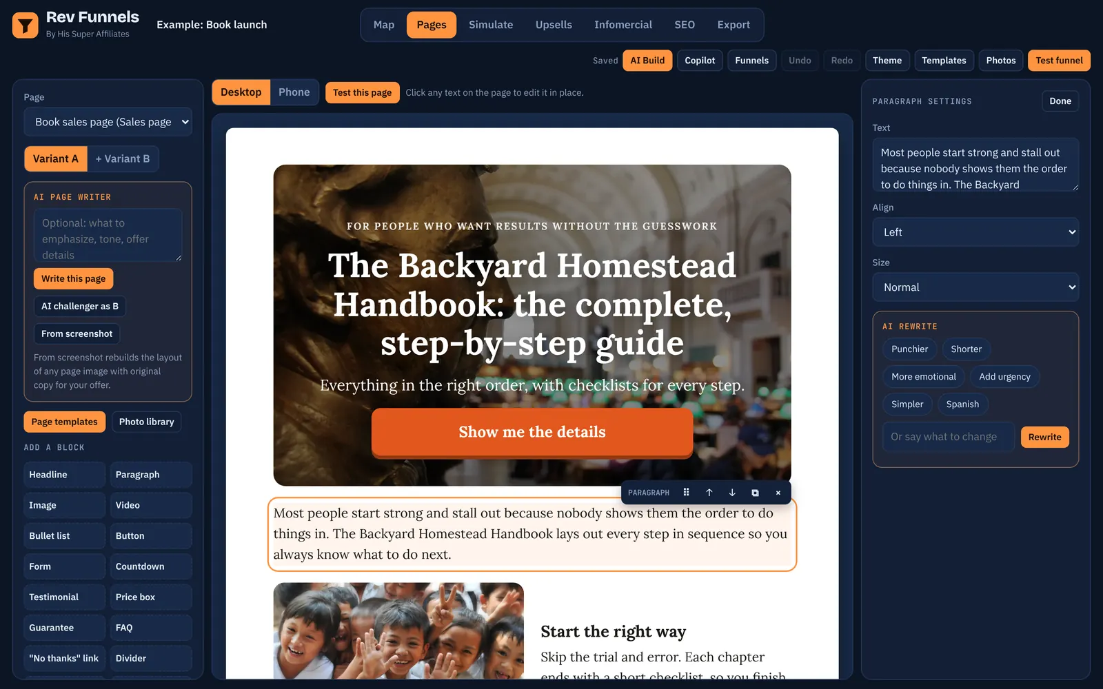 Rev Funnels page editor with a sales page, block palette and headline settings