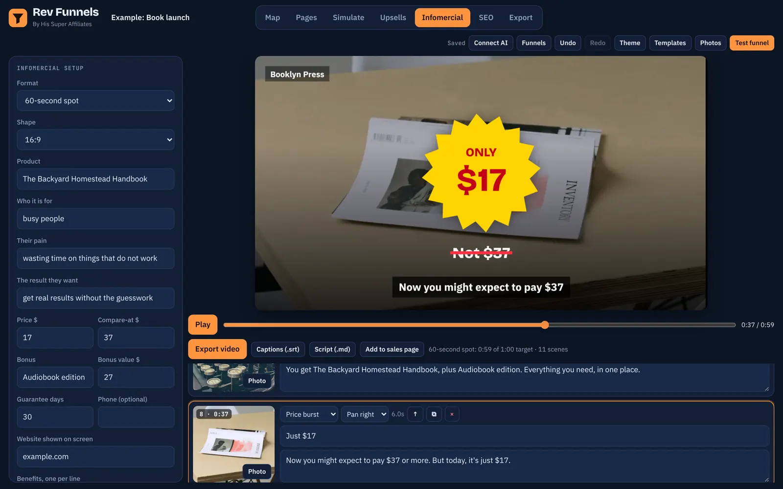 Infomercial creator with a price burst scene, timeline and scene list