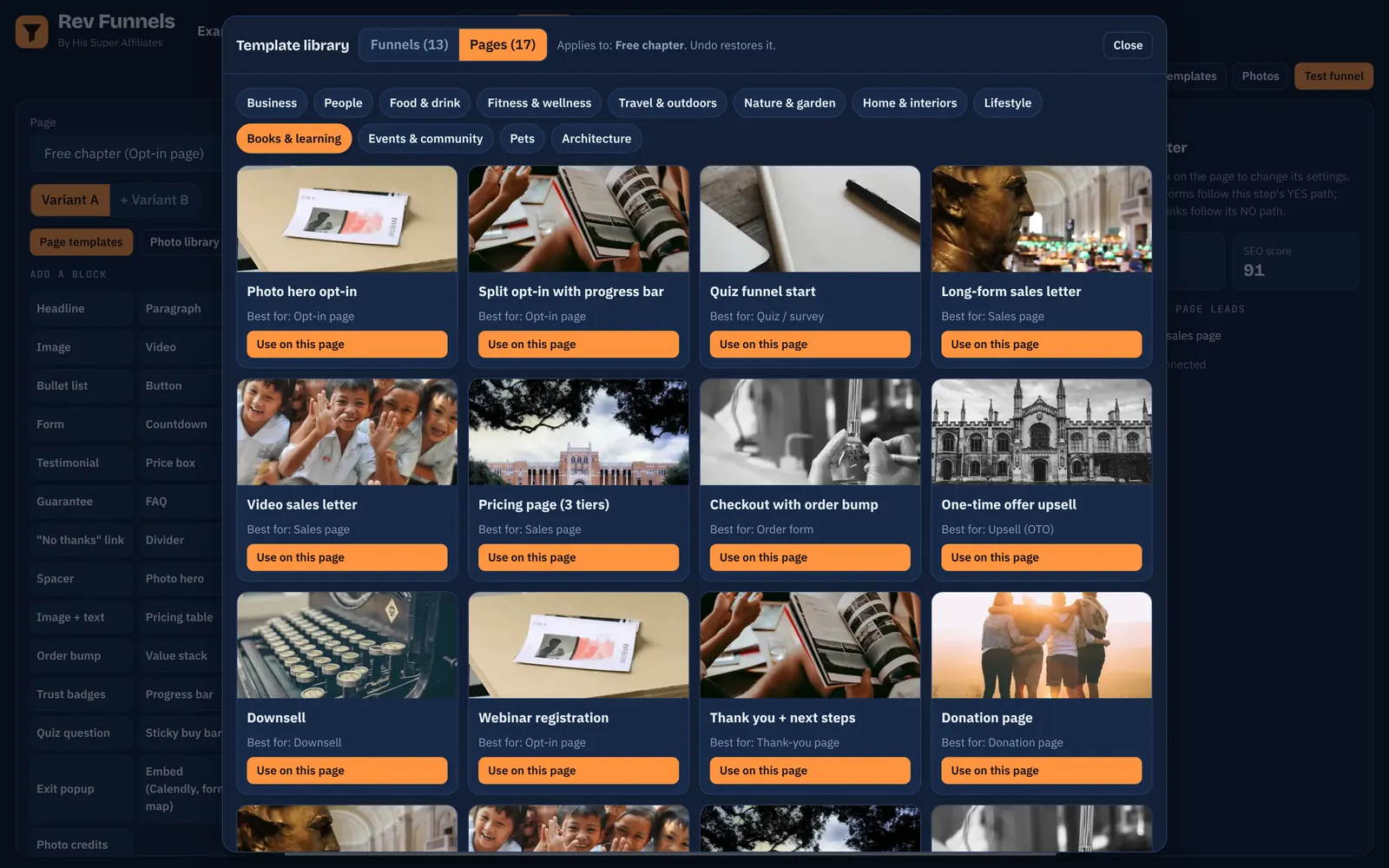 Page template library with photo hero opt-in, long-form sales letter, pricing page and checkout designs