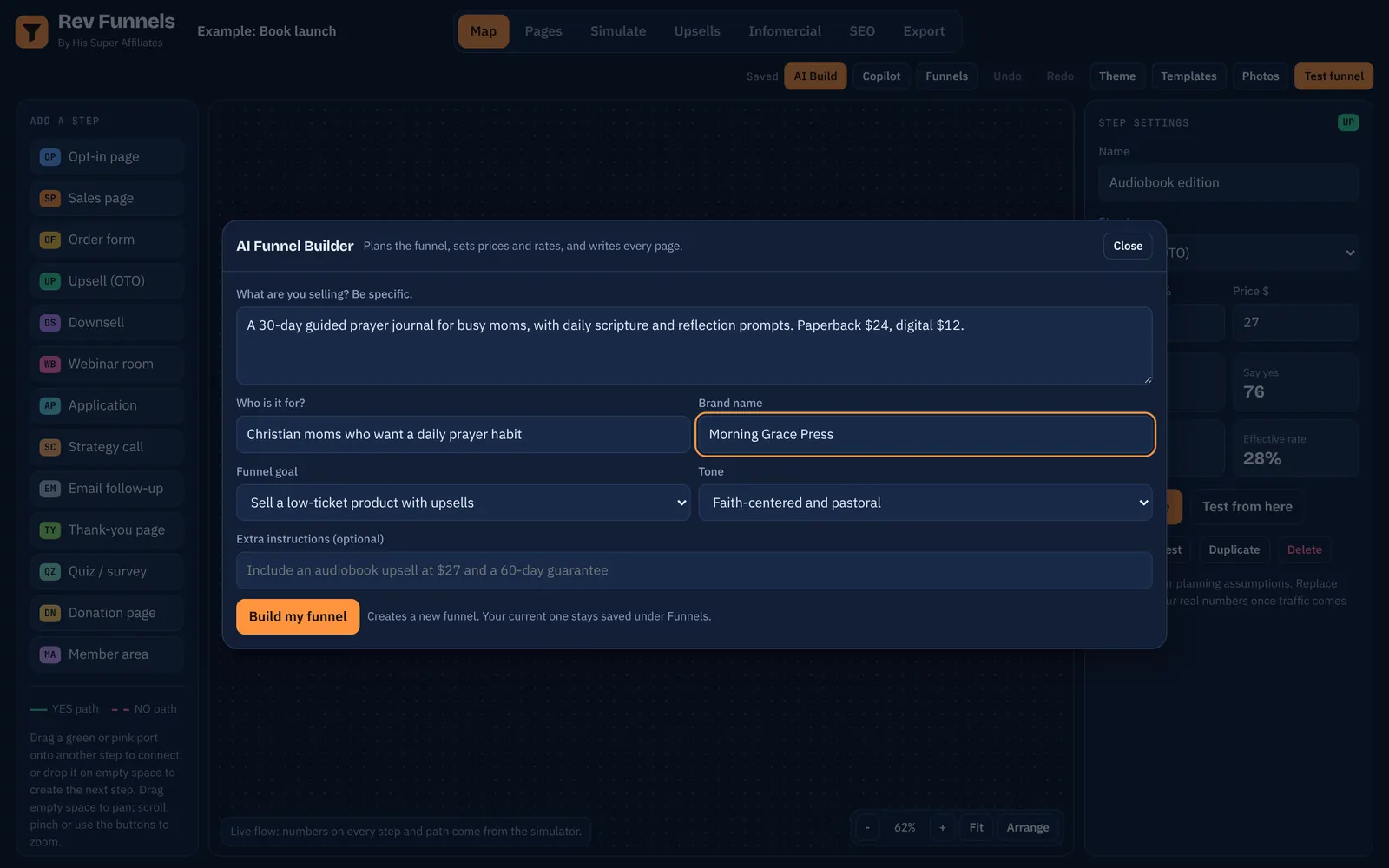 AI Funnel Builder form where you describe your offer, audience, brand and tone